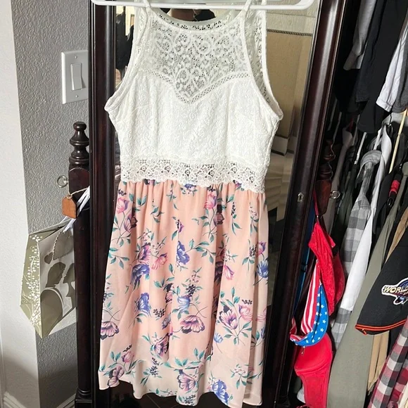 fitted lace wedding dress Black and Ivory Floral Short Dress with Lace Top main image 1